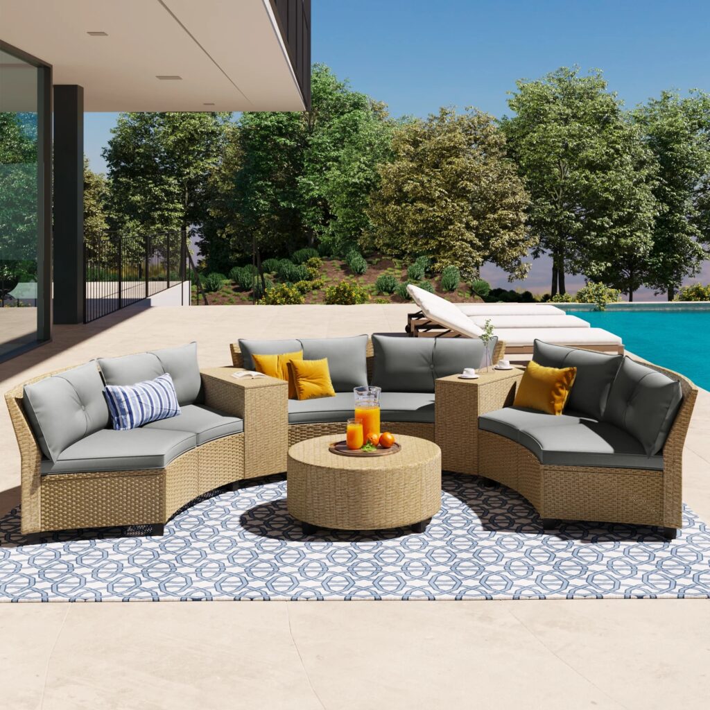 Modern 9-piece semicircle patio sofa set with half-moon wicker sectional and cushions, perfect for outdoor garden, balcony, or patio lounging.