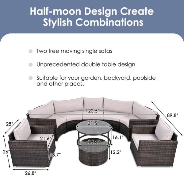 7-seater half-moon outdoor wicker sectional furniture set with beige cushions on a dark brown frame, perfect for patio or garden seating