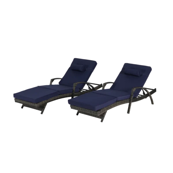Set of 2 long reclining outdoor wicker chaise lounge chairs with cushions, perfect for patio or garden.