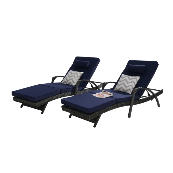 Set of 2 long reclining outdoor wicker chaise lounge chairs with cushions, perfect for patio or garden.