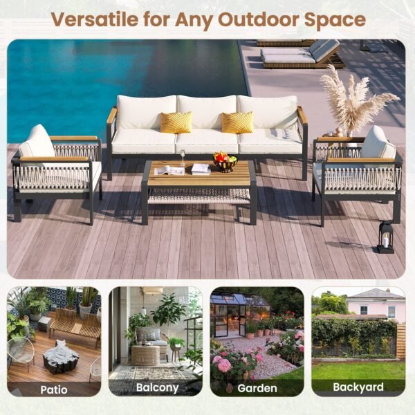 Outdoor 4-piece rope sofa set with beige cushions and grey frame, including three-seater sofa, two armchairs, and glass-top coffee table, ideal for garden, deck, poolside, or terrace.