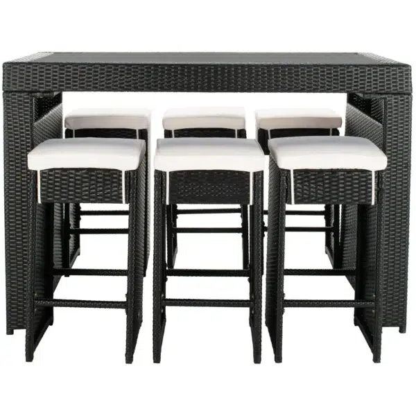 7 piece black and white wicker bar set with stools and table for outdoor or indoor use