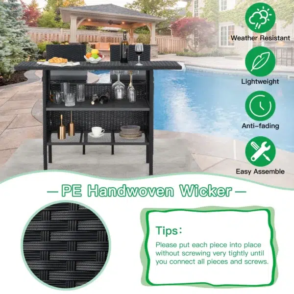 Enjoy stylish outdoor dining with this sleek 3-piece rattan bar table and chair set, complete with comfortable removable cushions.