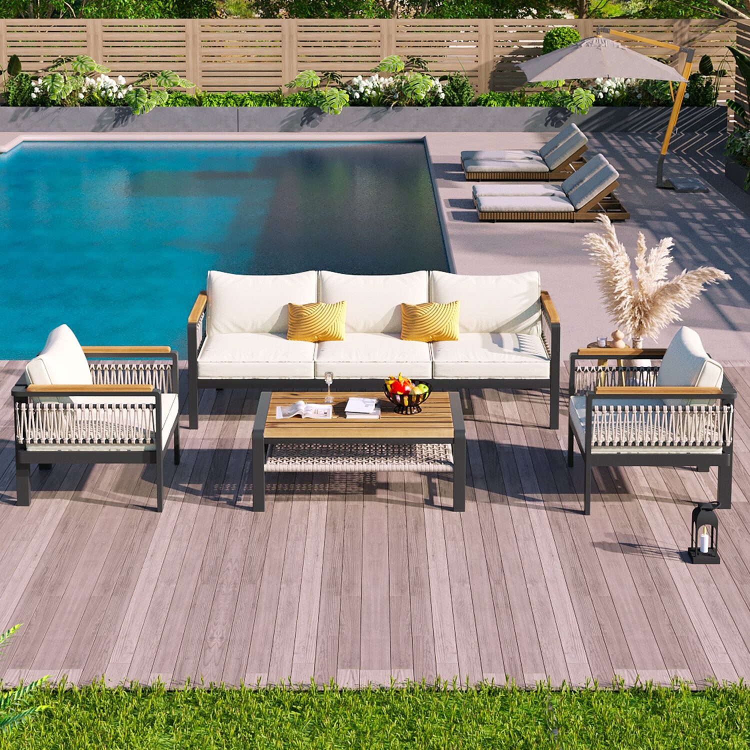 Outdoor 4-piece rope sofa set with beige cushions and grey frame, including three-seater sofa, two armchairs, and glass-top coffee table, ideal for garden, deck, poolside, or terrace.