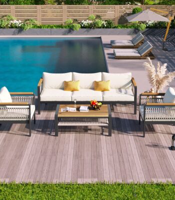 Outdoor 4-piece rope sofa set with beige cushions and grey frame, including three-seater sofa, two armchairs, and glass-top coffee table, ideal for garden, deck, poolside, or terrace.