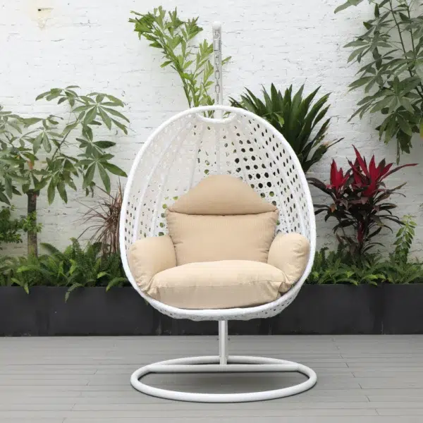 White single-seater hanging swing with stand, perfect for balcony or garden seating.