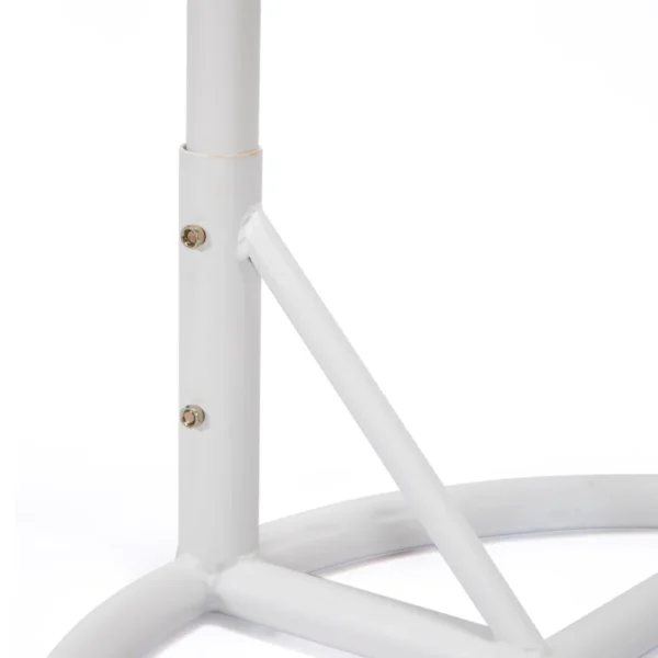 White single-seater hanging swing with stand, perfect for balcony or garden seating.