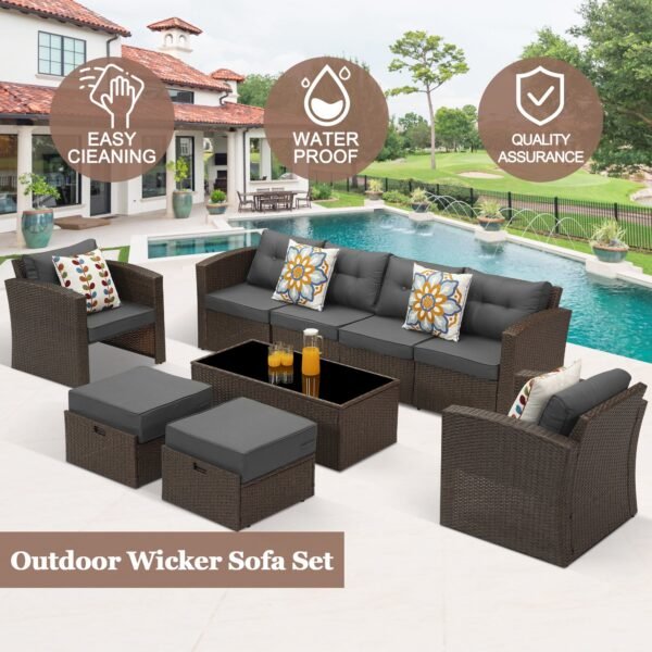 Shop outdoor rattan wicker 5-seater patio sofa set with center table. Weatherproof, cushioned, and perfect for garden, balcony, or backyard."
