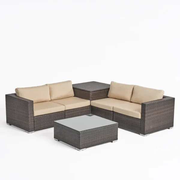 4-piece outdoor wicker patio sofa set with cushioned seating, glass coffee table, and side table for garden or backyard relaxation"