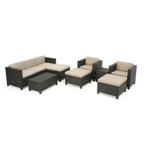Modern outdoor rattan wicker patio furniture set with cushioned seating and glass-top table, perfect for garden, balcony, or backyard.