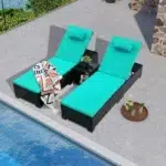 Set of 2 sky-blue wicker rattan outdoor chaise lounge chairs with matching table, perfect for patios and gardens.