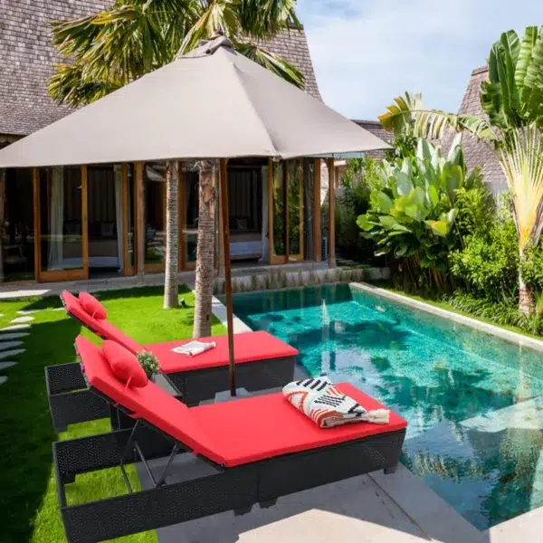 Modern outdoor poolside loungers with adjustable reclining seats, weather-resistant cushions, and stylish design for ultimate comfort.