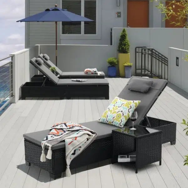 Modern outdoor poolside loungers with adjustable backrest, weather-resistant frame, and cushioned seating for luxury relaxation.