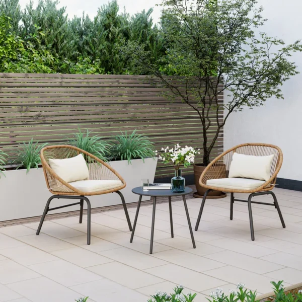 Stylish outdoor patio set with comfortable chairs and a matching coffee table, perfect for garden, balcony, or backyard relaxation.