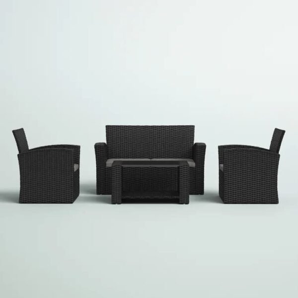 "Modern outdoor rattan wicker sofa set in blue and white with cushions – patio furniture for garden, balcony, or backyard"