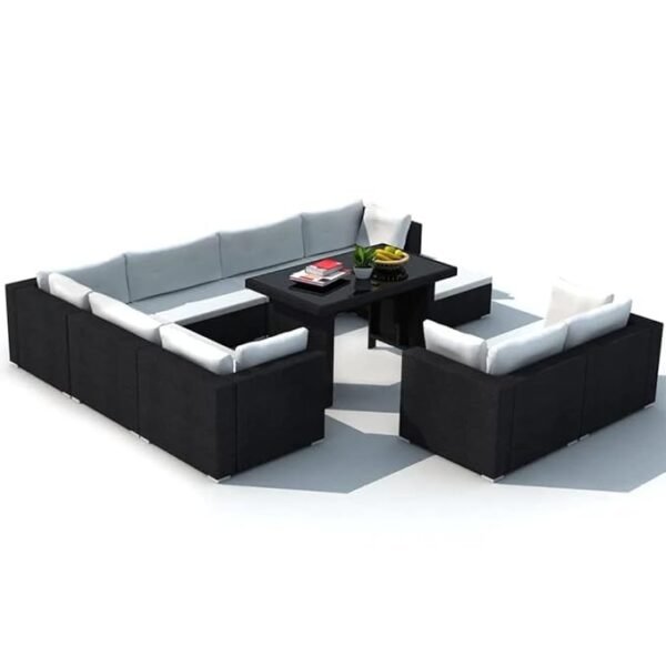 Outdoor rattan wicker L-shaped sofa set with glass-top center table for patio, garden, or balcony seating.