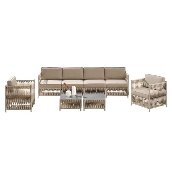 "Luxury outdoor rope 7-seater sofa set with center table – weather-resistant patio furniture for garden, balcony, and terrace."