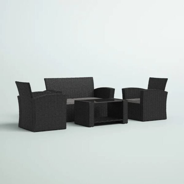 Modern outdoor rattan wicker sofa set in blue and white with cushions – patio furniture for garden, balcony, or backyard"