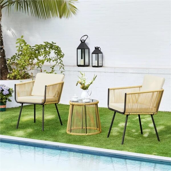 3 Piece Patio Rope Bistro Set Durable and Stylish Furniture Ideal for Terrace, Garden, Balcony, Porch, Deck and Yard (Beige & Off-White)