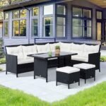 7-seater outdoor wicker sofa dining set with cushioned seats and durable glass-top table for patio or garden"