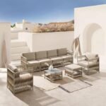 "6-seater rattan wicker sofa set with cushions and table for outdoor patio, garden, or balcony seating"