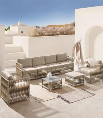 "6-seater rattan wicker sofa set with cushions and table for outdoor patio, garden, or balcony seating"