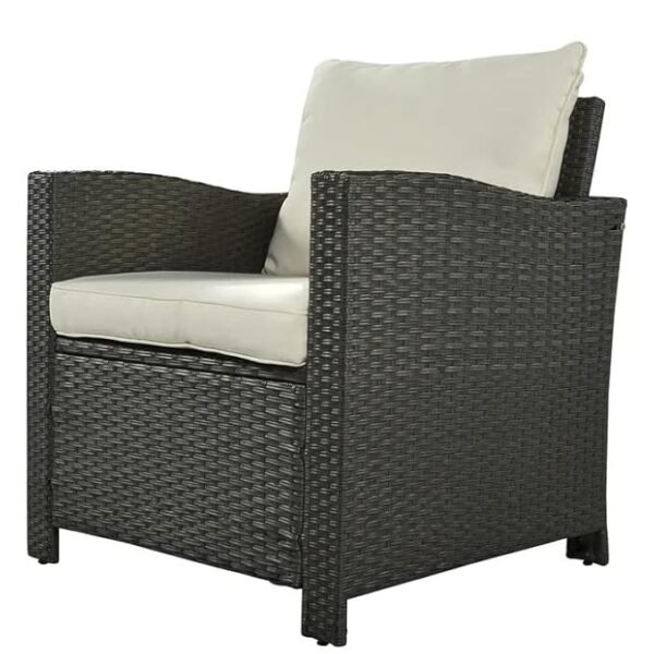 Outdoor rattan wicker patio sofa set with cushioned seats and matching center table in modern garden setting