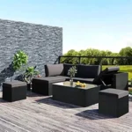 "5-piece outdoor HDPE rattan and wicker sofa cum lounger set with cushions for backyard, patio, and garden seating."