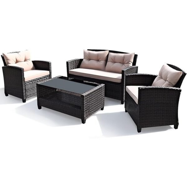 “Stylish outdoor rattan wicker patio furniture set with cushioned chairs and center table for garden, balcony, or backyard use.”