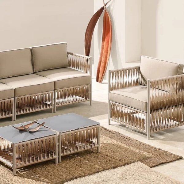 “Modern outdoor rope sofa set with cushioned seating and center table for patio or garden spaces”