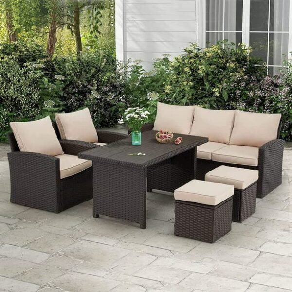 "Outdoor rattan wicker 7-seater patio sofa set with cushions and round center table for garden, balcony, or backyard lounge"