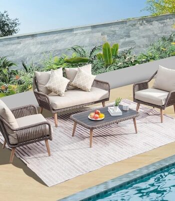 "4-piece outdoor rope sofa set with cushions and table for patio or balcony seating"