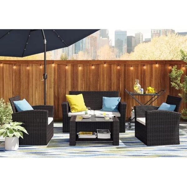 Modern outdoor rattan wicker sofa set in blue and white with cushions – patio furniture for garden, balcony, or backyard"