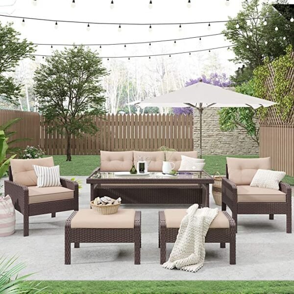 Luxury Outdoor Rattan Wicker Patio Sofa Set with Dining Table – Garden Furniture Set for Backyard & Terrace