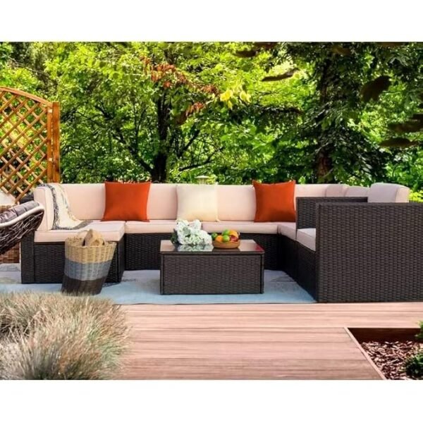 All-Weather 6 pcs Outdoor Sectional Sofa Set – HDPE Wicker Patio Furniture with Comfortable Cushions"