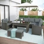 "5 pcs patio furniture conversational dining set with cushioned seating and table for outdoor relaxation and entertainment"