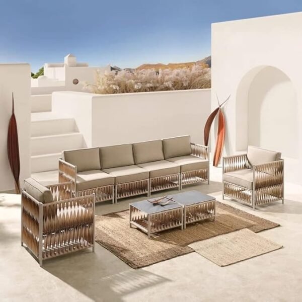 "Luxury outdoor rope 7-seater sofa set with center table – weather-resistant patio furniture for garden, balcony, and terrace."
