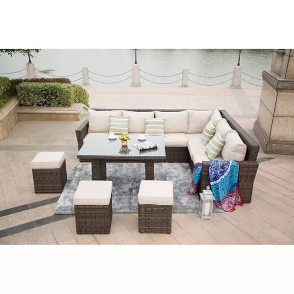 6 pcs HDPE Wicker Patio Furniture Conversational Set – Weather-Resistant Outdoor Sofa with Cushions & Table"