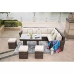 6 pcs outdoor sectional patio furniture set made with durable HDPE wicker and cushioned seating for garden or poolside"