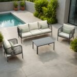 Outdoor rope sofa set on patio with cushions – modern garden furniture, weather-resistant