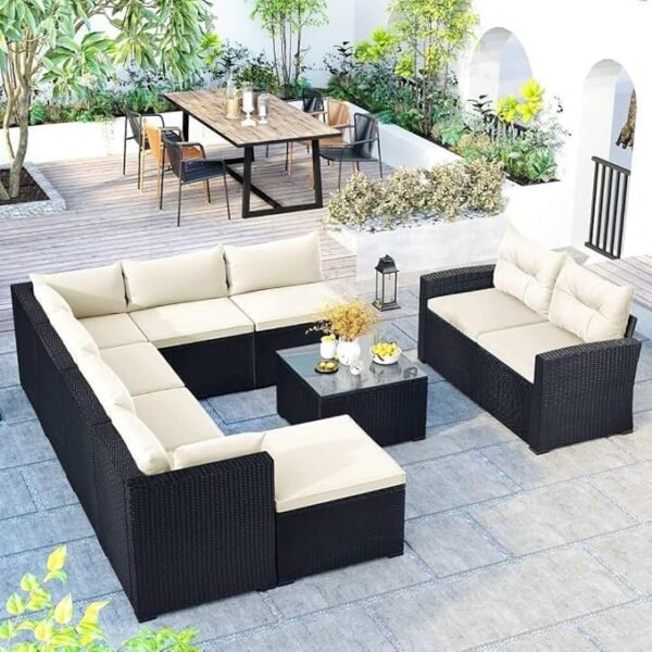 LOCCUS 9 Seater Wicker Rattan Sectional Couch All Weather Conversation Set with Arm Less Chair & Glass Top Center Table - Image 2