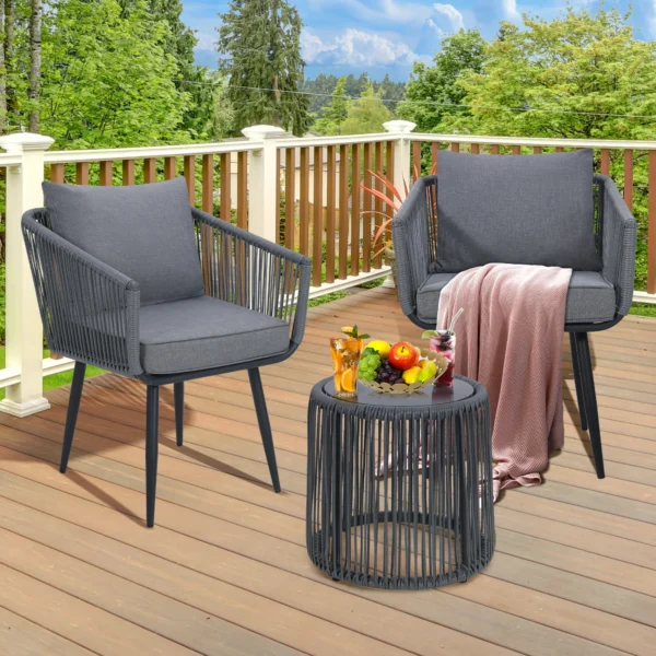 Modern outdoor patio set featuring two comfortable chairs with cushions and a stylish coffee table, perfect for garden, balcony, or backyard relaxation.