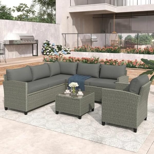 Modern outdoor rattan wicker patio furniture set with cushioned seating and glass-top table, perfect for garden, balcony, or backyard."