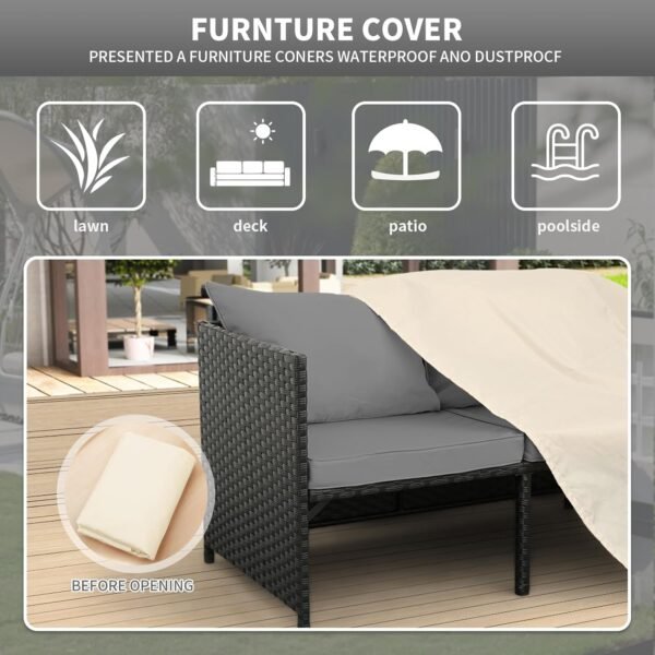 Outdoor sofa set with cushioned seats on a garden patio, weather-resistant wicker frame, and stylish modern design.