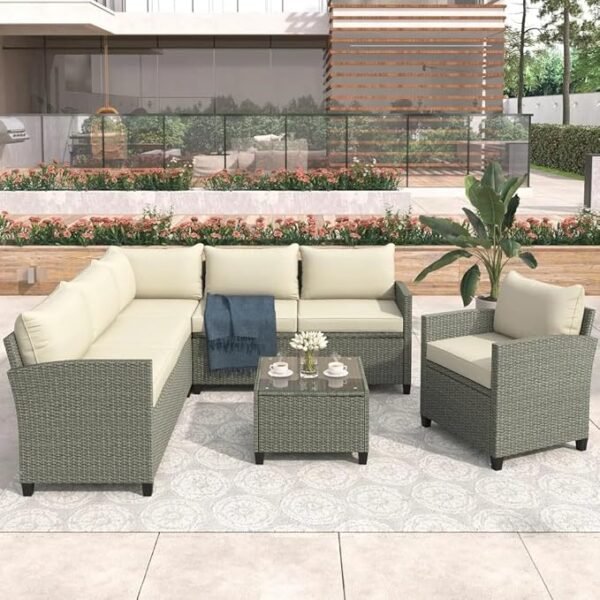 Modern outdoor rattan wicker patio furniture set with cushioned seating and glass-top table, perfect for garden, balcony, or backyard."