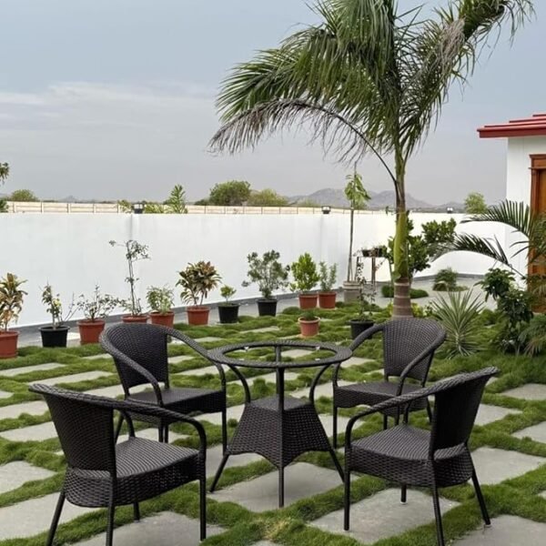 Modern outdoor chair and coffee table set for patio, balcony, or garden seating.