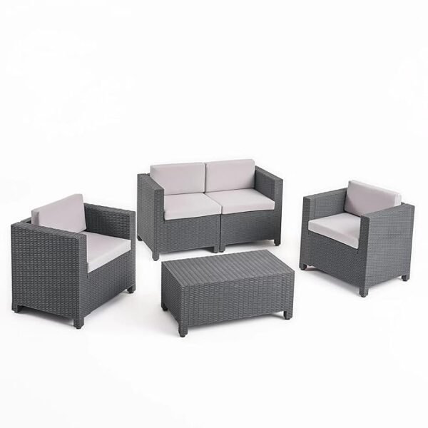 Modern outdoor rattan wicker patio furniture set with cushioned seating and glass-top table, perfect for garden, balcony, or backyard
