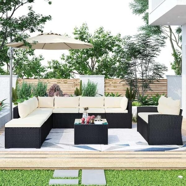 LOCCUS 9 Seater Wicker Rattan Sectional Couch All Weather Conversation Set with Arm Less Chair & Glass Top Center Table - Image 4