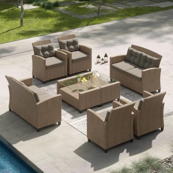 "Modern outdoor rattan wicker patio furniture set with cushioned seating and glass-top table, perfect for garden, balcony, or backyard."
