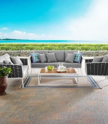 Outdoor rope sofa set with cushioned seating in modern patio setting